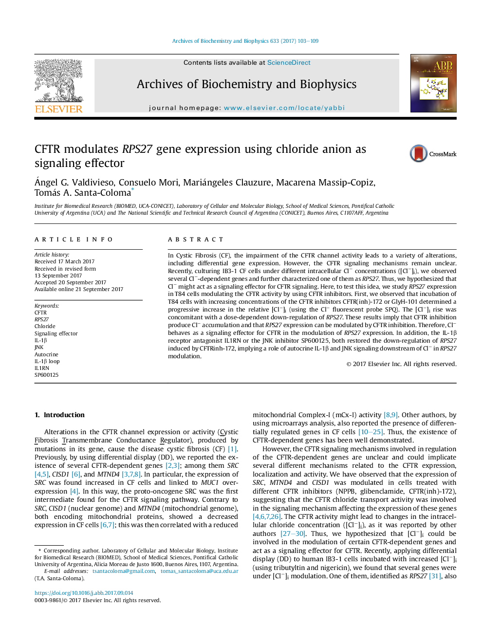 CFTR modulates RPS27 gene expression using chloride anion as signaling effector