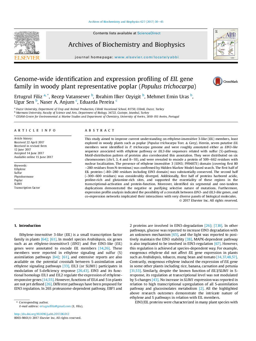 Genome-wide identification and expression profiling of EIL gene family in woody plant representative poplar (Populus trichocarpa)