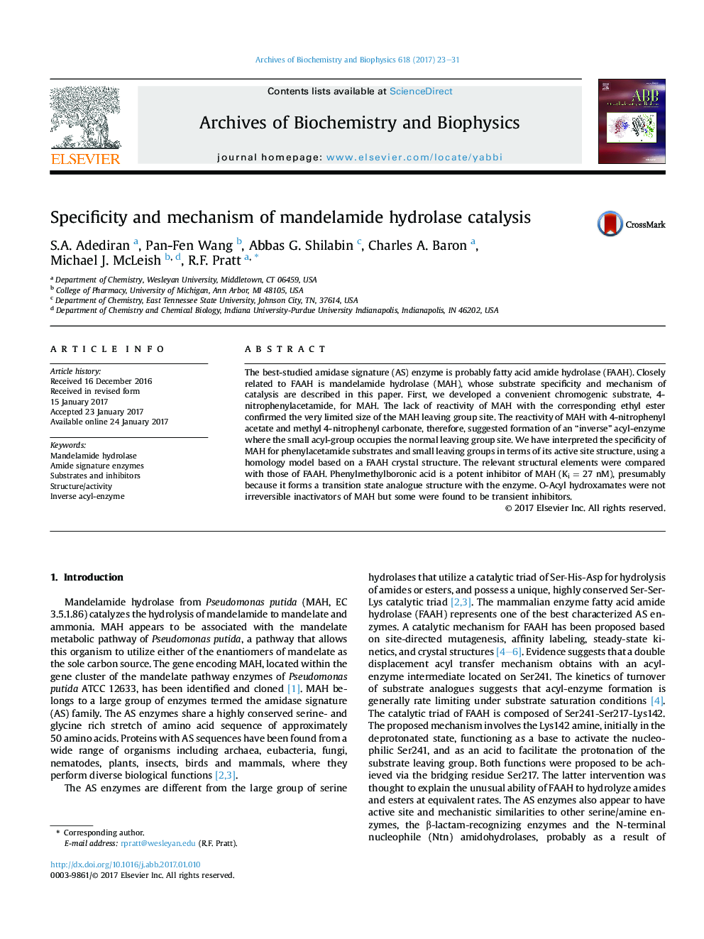 Specificity and mechanism of mandelamide hydrolase catalysis