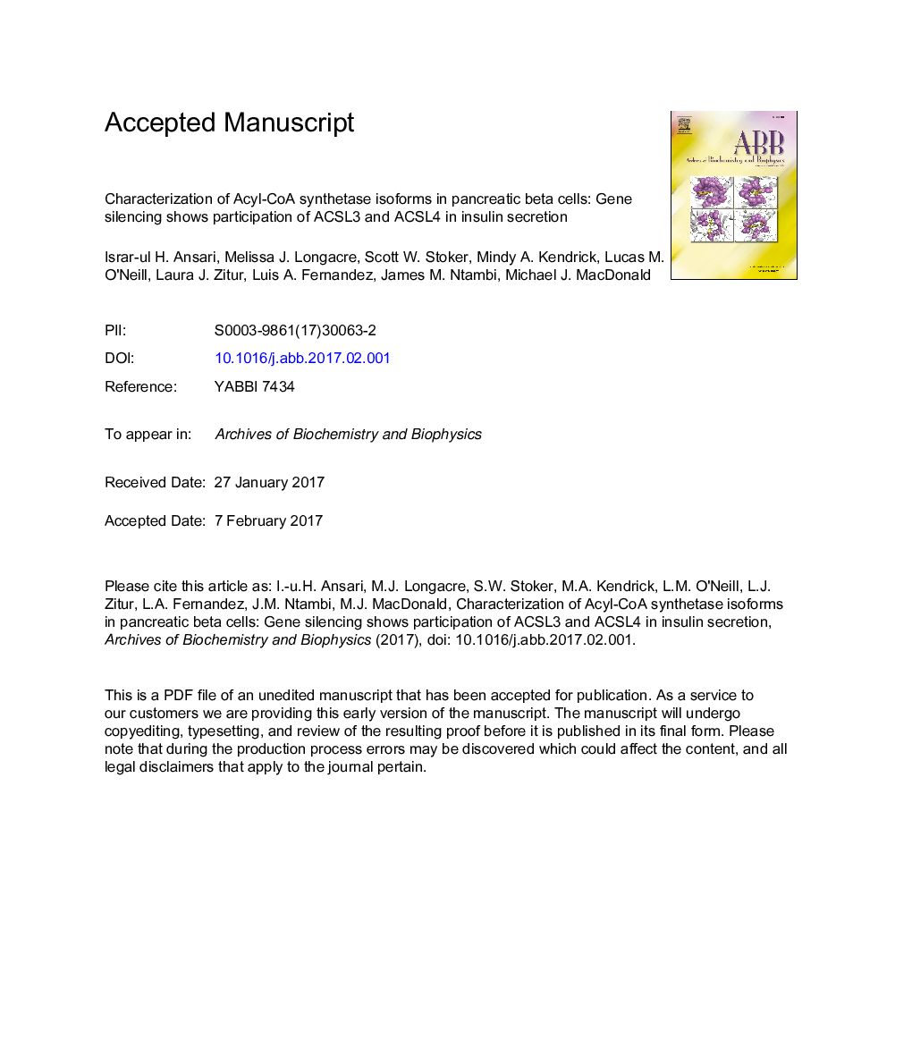 Characterization of Acyl-CoA synthetase isoforms in pancreatic beta cells: Gene silencing shows participation of ACSL3 and ACSL4 in insulin secretion