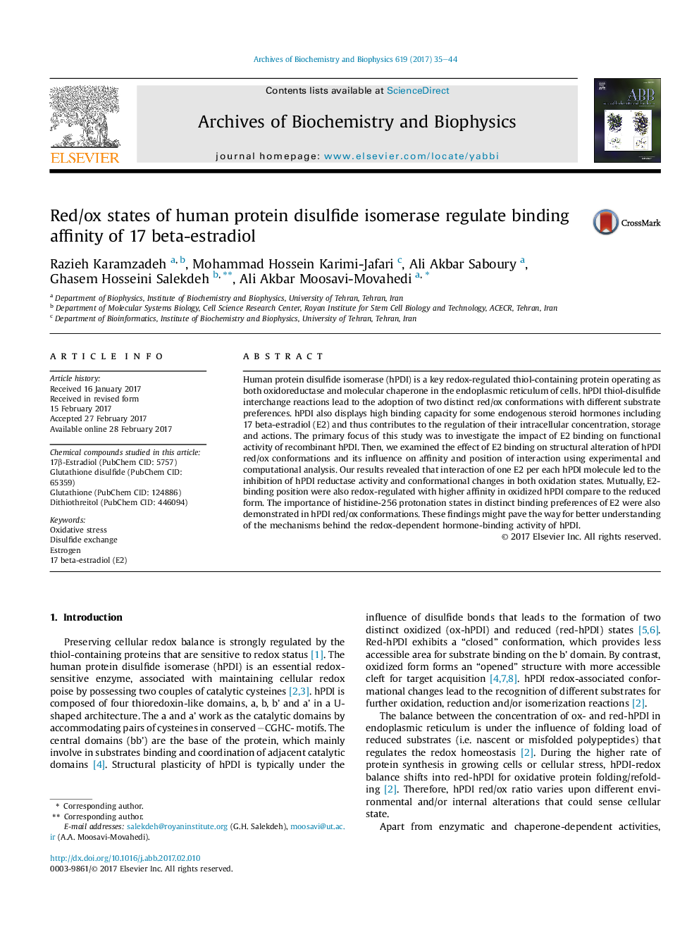 Red/ox states of human protein disulfide isomerase regulate binding affinity of 17 beta-estradiol