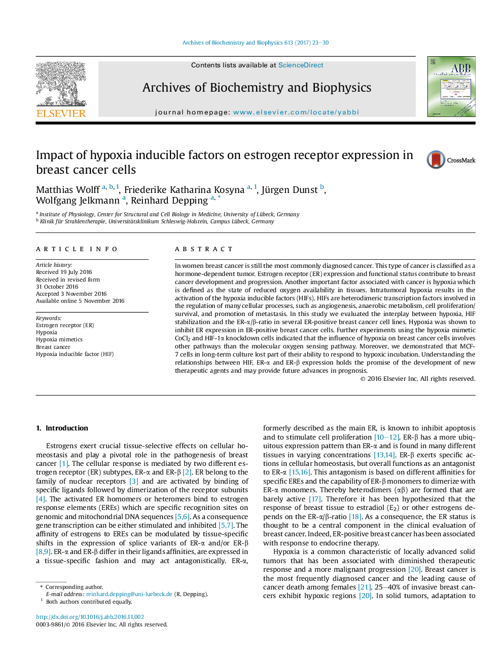 Impact of hypoxia inducible factors on estrogen receptor expression in breast cancer cells