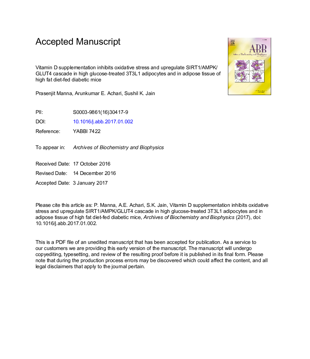 Vitamin D supplementation inhibits oxidative stress and upregulate SIRT1/AMPK/GLUT4 cascade in high glucose-treated 3T3L1 adipocytes and in adipose tissue of high fat diet-fed diabetic mice