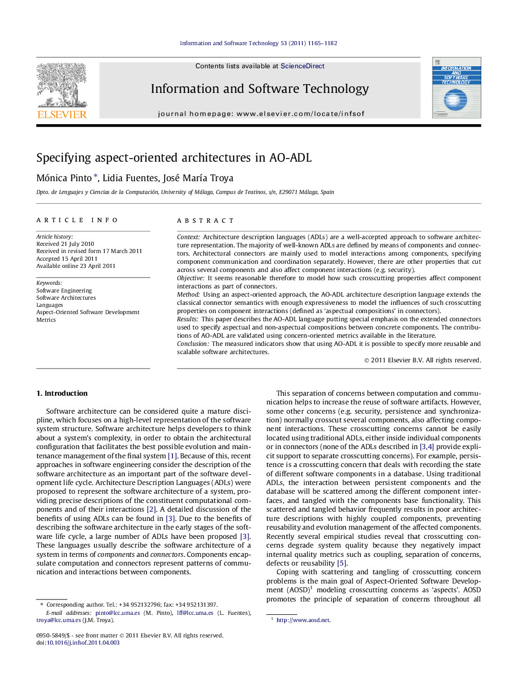 Specifying aspect-oriented architectures in AO-ADL