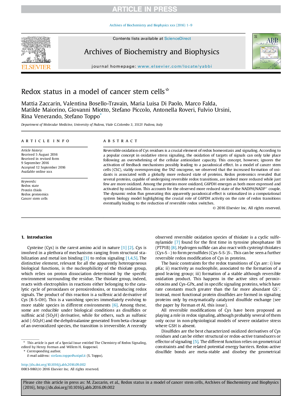 Redox status in a model of cancer stem cells