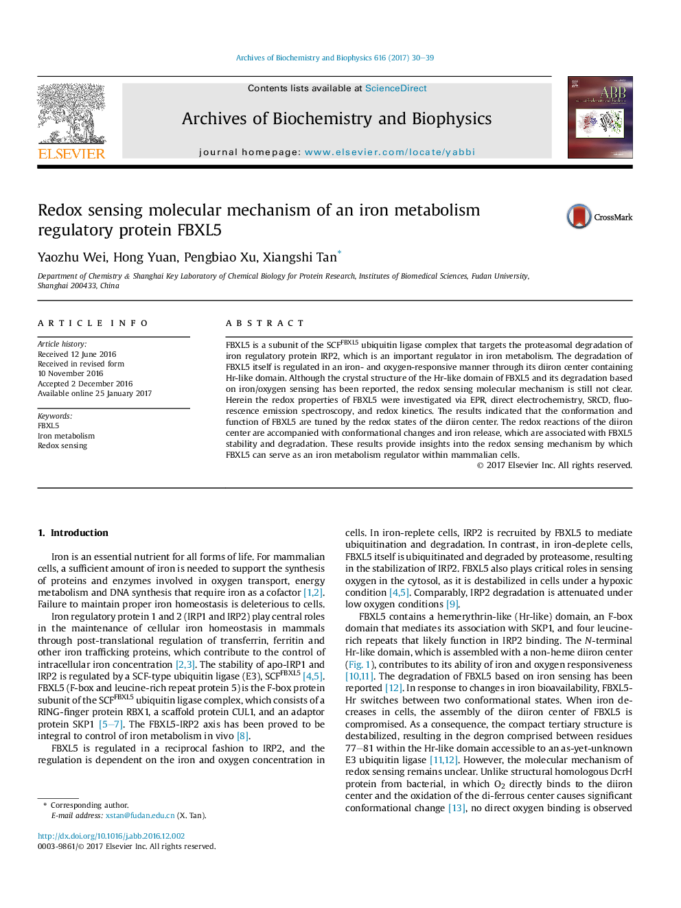 Redox sensing molecular mechanism of an iron metabolism regulatory protein FBXL5