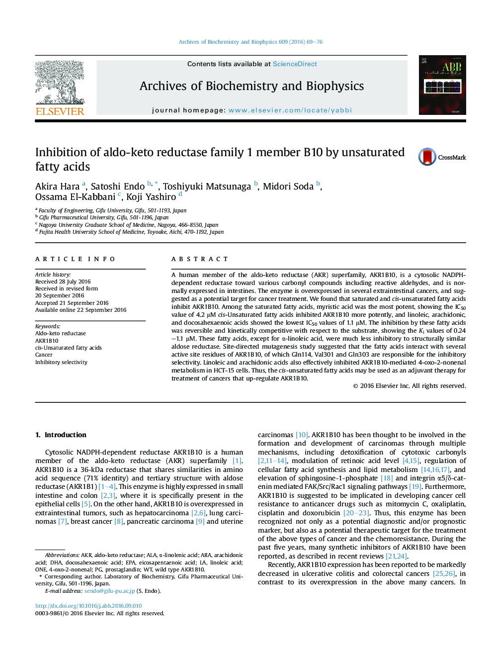 Inhibition of aldo-keto reductase family 1 member B10 by unsaturated fatty acids