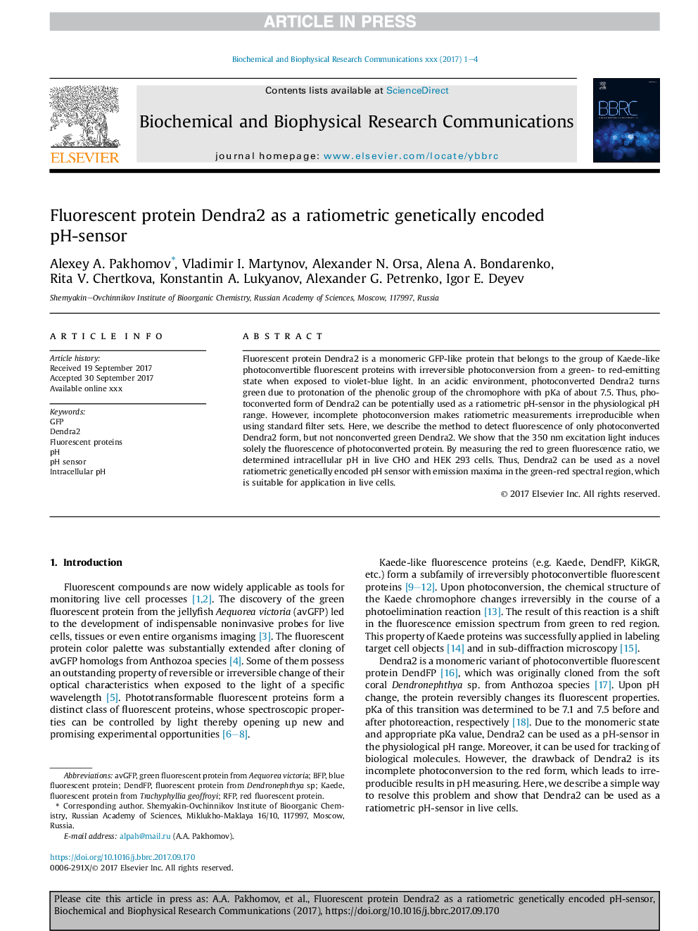 Fluorescent protein Dendra2 as a ratiometric genetically encoded pH-sensor