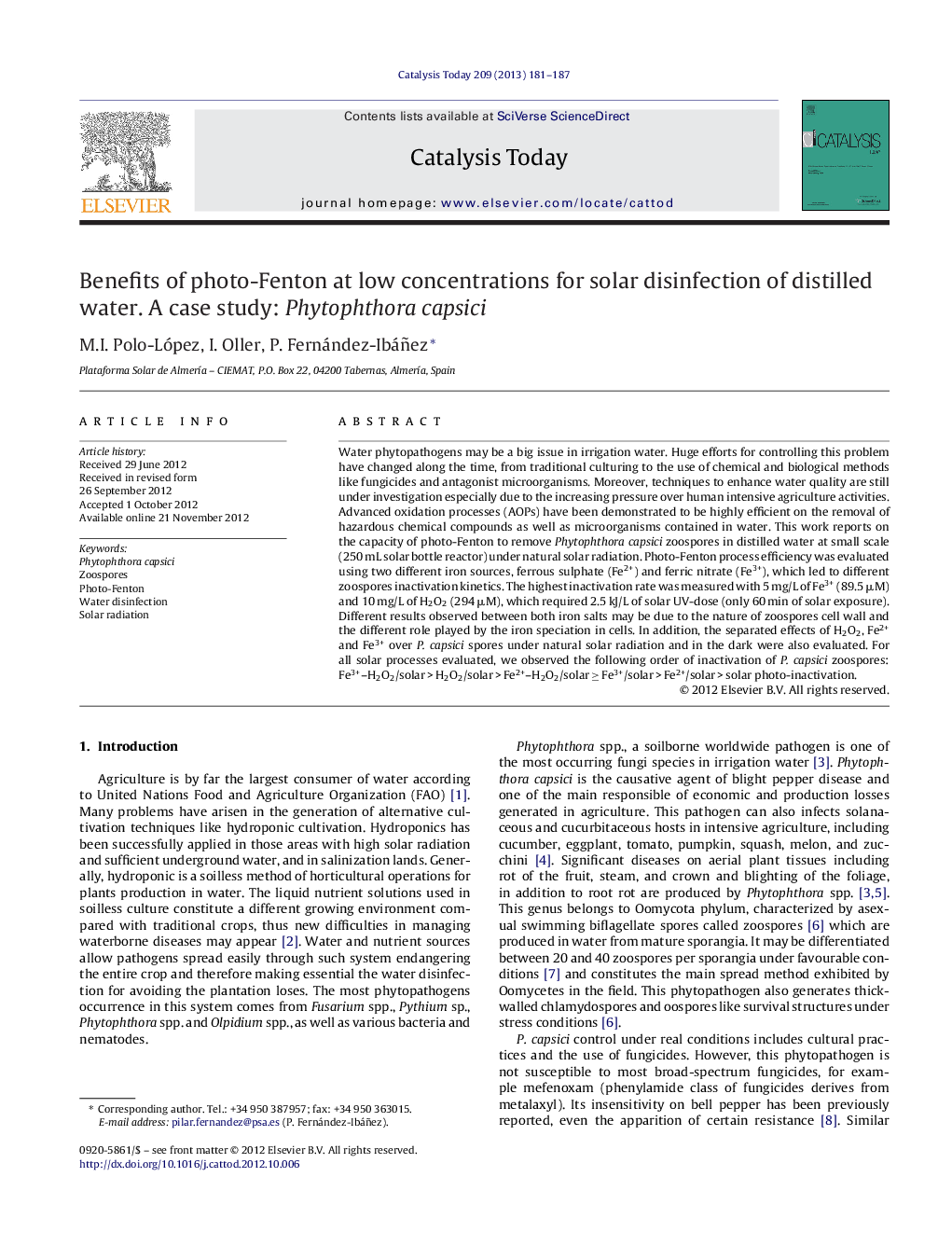 Benefits of photo-Fenton at low concentrations for solar disinfection of distilled water. A case study: Phytophthora capsici