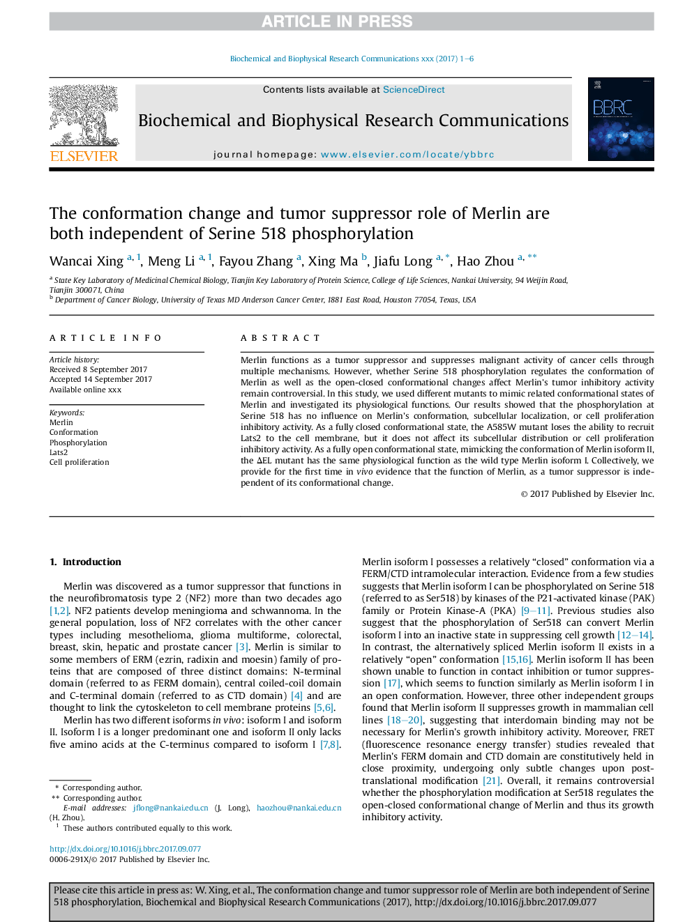 The conformation change and tumor suppressor role of Merlin are both independent of Serine 518 phosphorylation