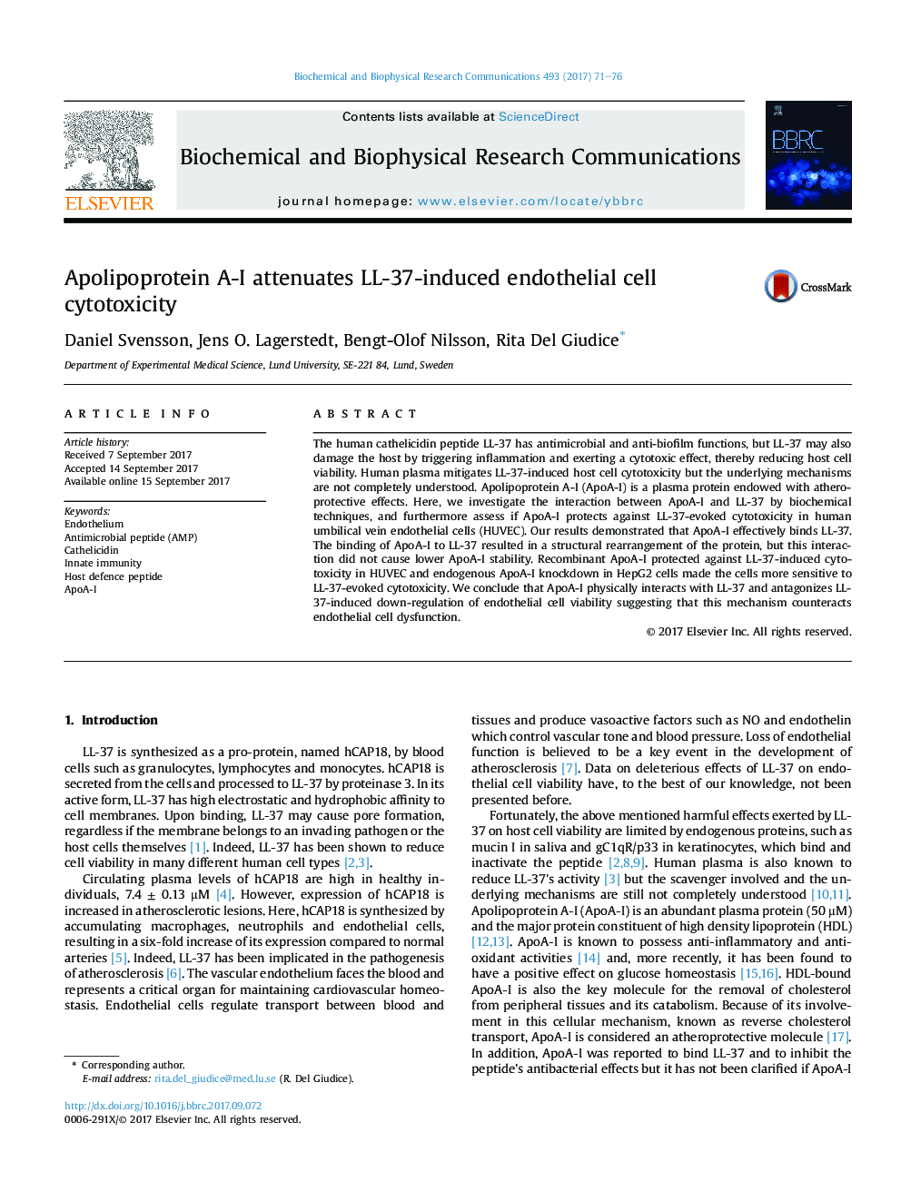 Apolipoprotein A-I attenuates LL-37-induced endothelial cell cytotoxicity