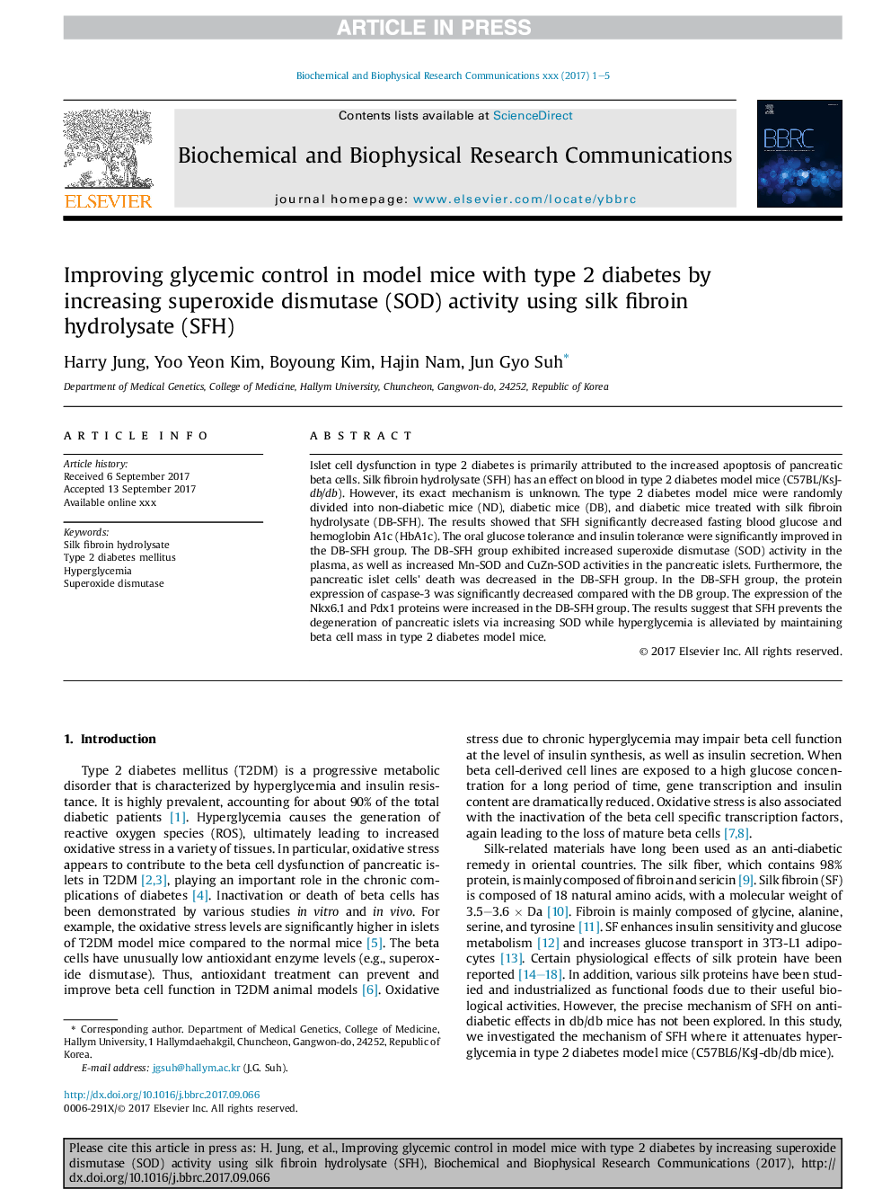 Improving glycemic control in model mice with type 2 diabetes by increasing superoxide dismutase (SOD) activity using silk fibroin hydrolysate (SFH)