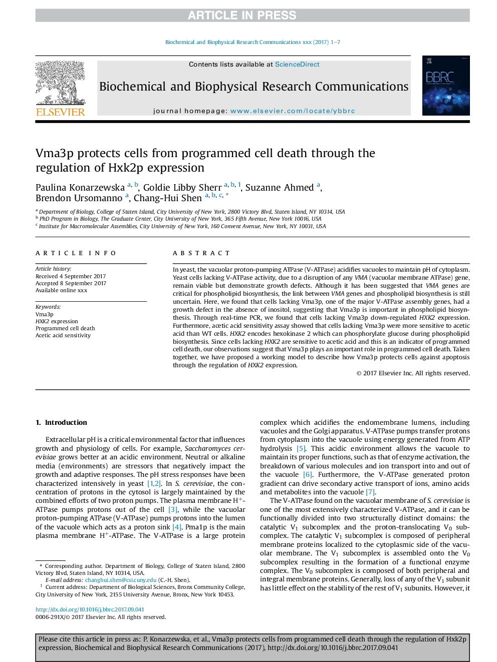عکس صفحه اول مقاله: Vma3p protects cells from programmed cell death through the regulation of Hxk2p expression Vma3p protects cells from programmed cell death through the regulation of Hxk2p expression