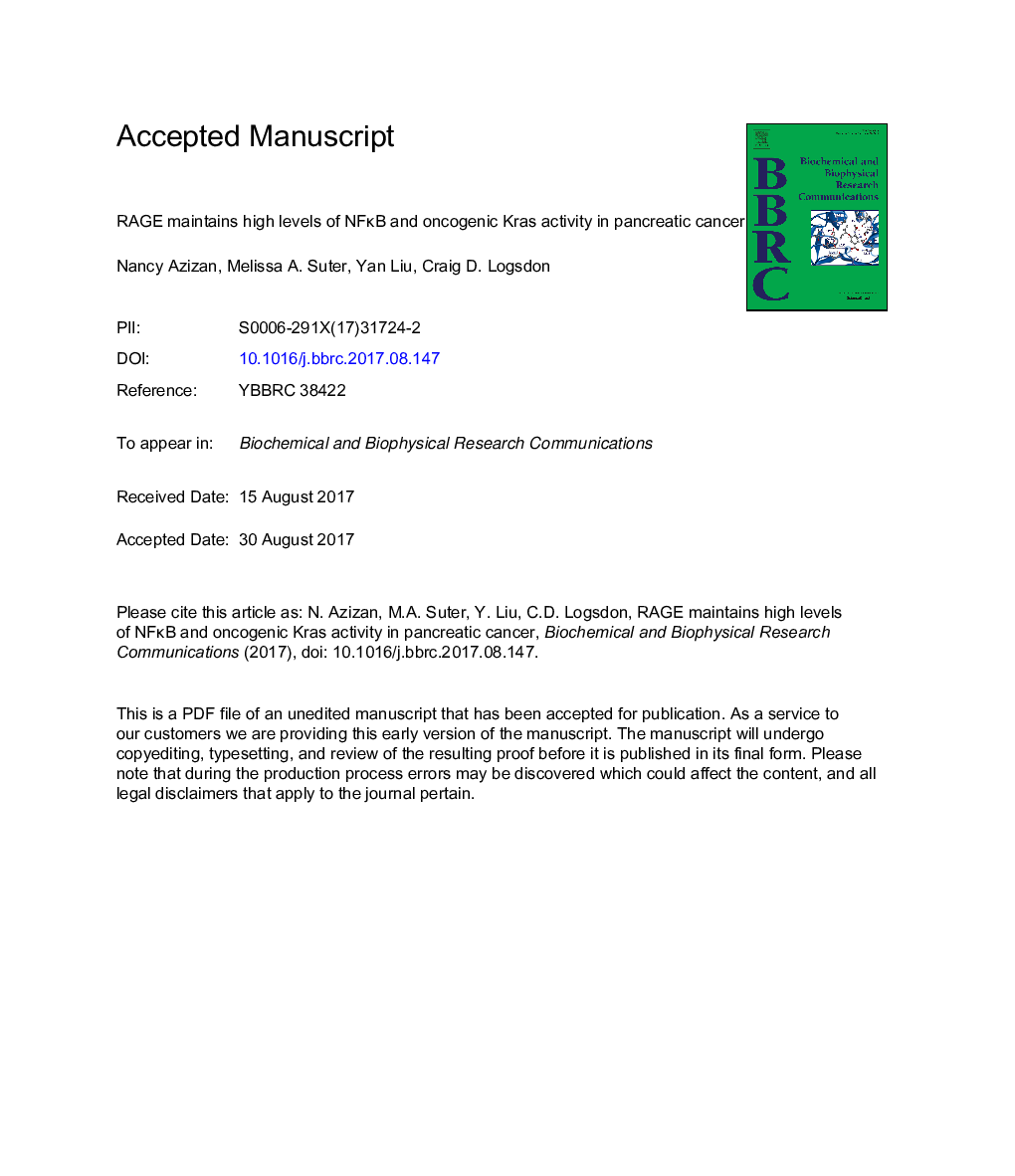 عکس صفحه اول مقاله: RAGE maintains high levels of NFκB and oncogenic Kras activity in pancreatic cancer RAGE maintains high levels of NFκB and oncogenic Kras activity in pancreatic cancer