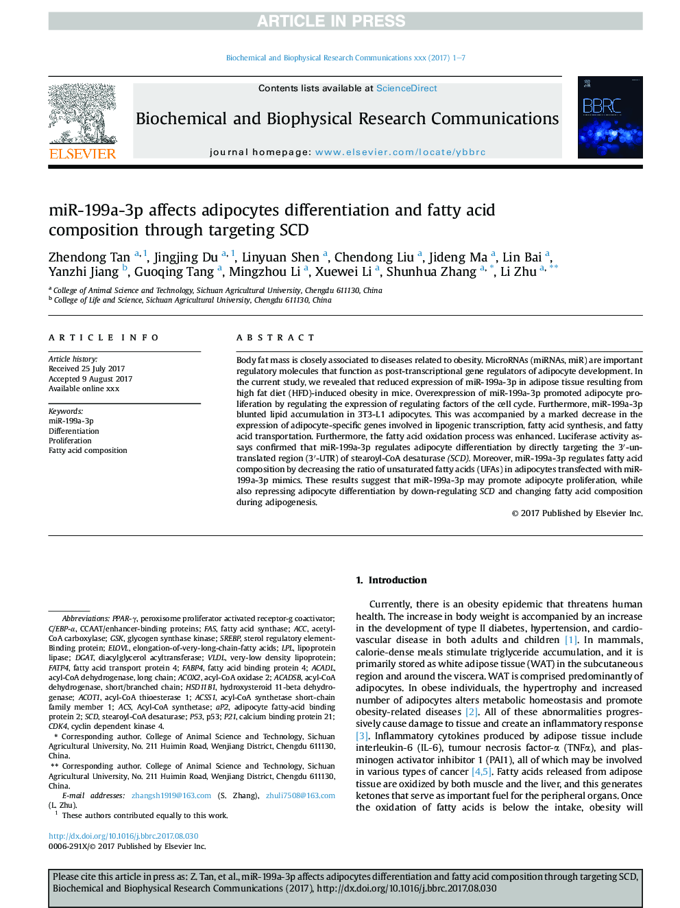 عکس صفحه اول مقاله: miR-199a-3p affects adipocytes differentiation and fatty acid composition through targeting SCD miR-199a-3p affects adipocytes differentiation and fatty acid composition through targeting SCD