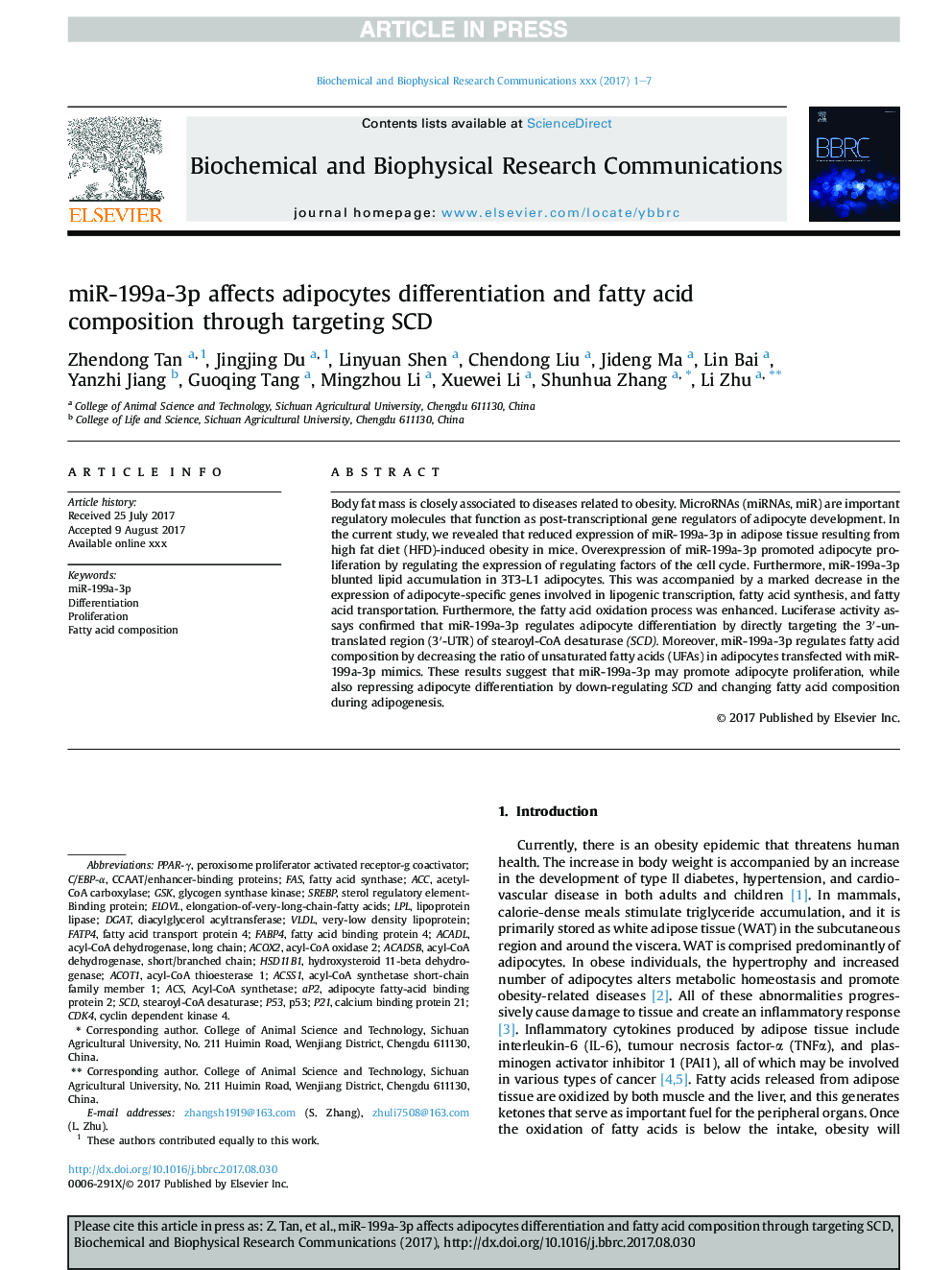 miR-199a-3p affects adipocytes differentiation and fatty acid composition through targeting SCD