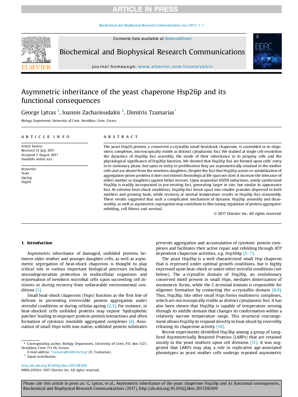 Asymmetric inheritance of the yeast chaperone Hsp26p and its functional consequences