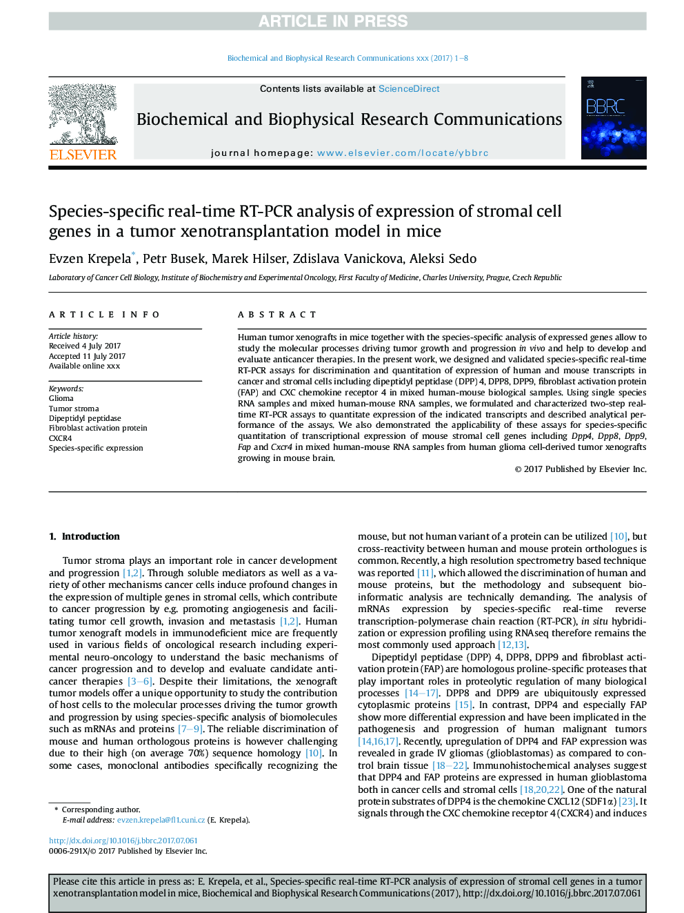 Species-specific real-time RT-PCR analysis of expression of stromal cell genes in a tumor xenotransplantation model in mice