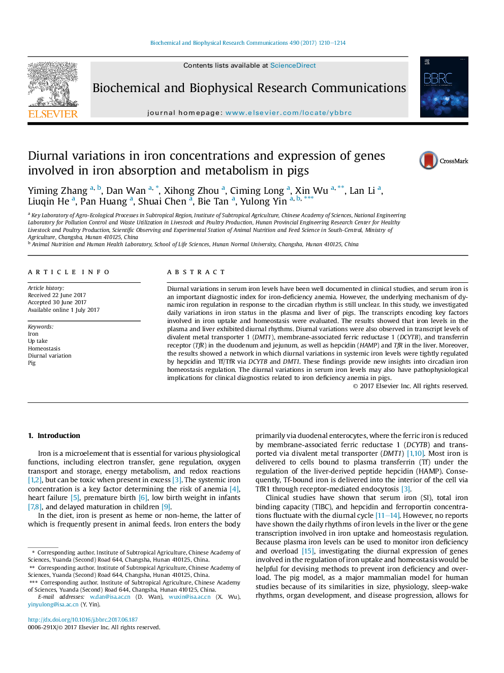 Diurnal variations in iron concentrations and expression of genes involved in iron absorption and metabolism in pigs