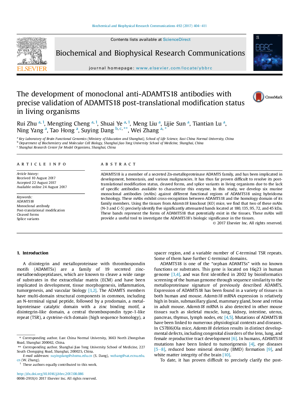 The development of monoclonal anti-ADAMTS18 antibodies with precise validation of ADAMTS18 post-translational modification status in living organisms