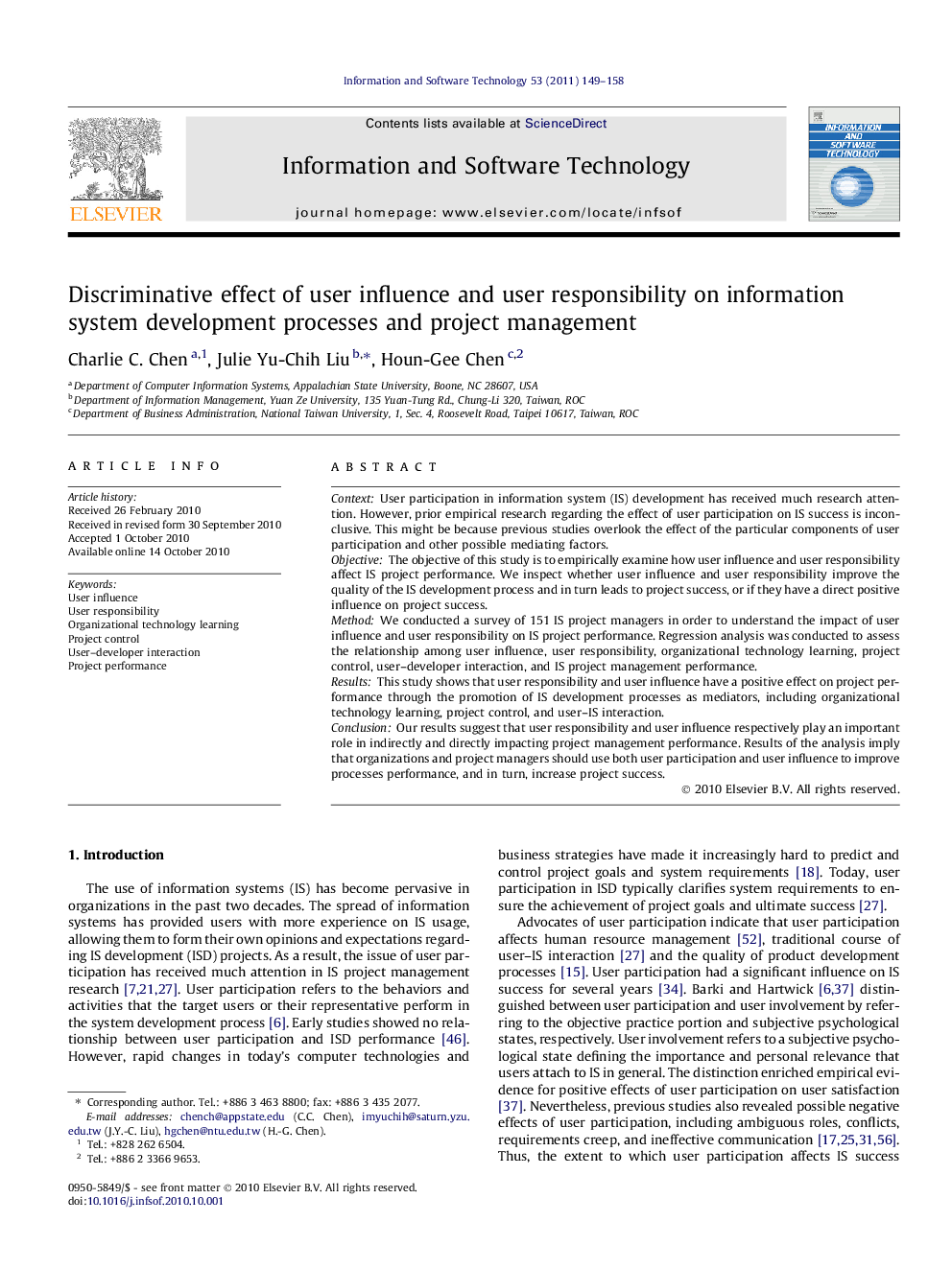 Discriminative effect of user influence and user responsibility on information system development processes and project management