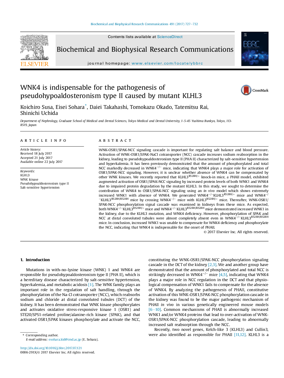 WNK4 is indispensable for the pathogenesis of pseudohypoaldosteronism type II caused by mutant KLHL3