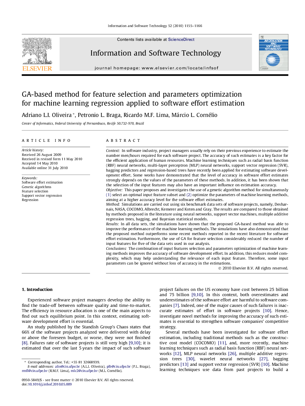 GA-based method for feature selection and parameters optimization for machine learning regression applied to software effort estimation