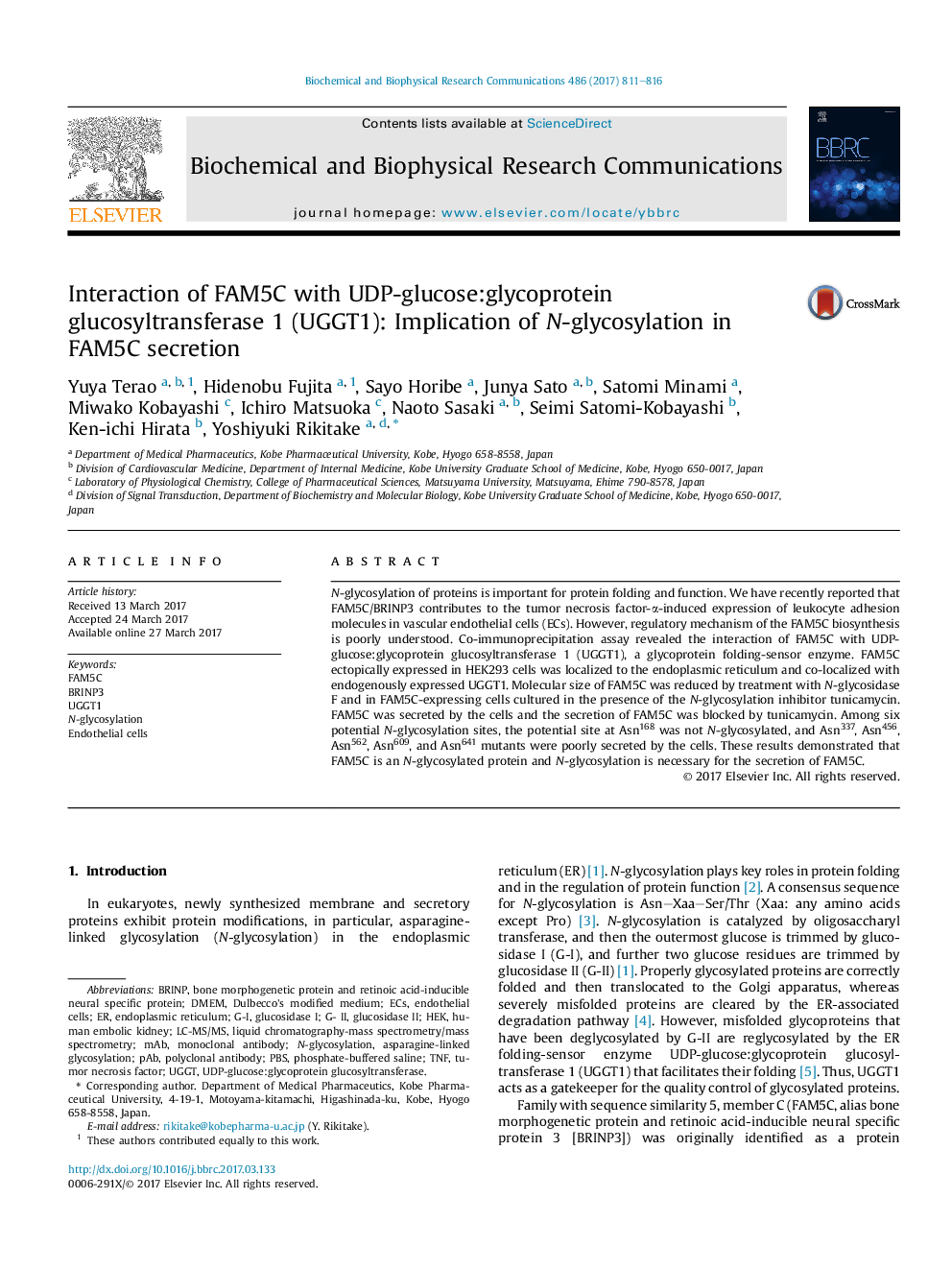 Interaction of FAM5C with UDP-glucose:glycoprotein glucosyltransferase 1 (UGGT1): Implication of N-glycosylation in FAM5C secretion