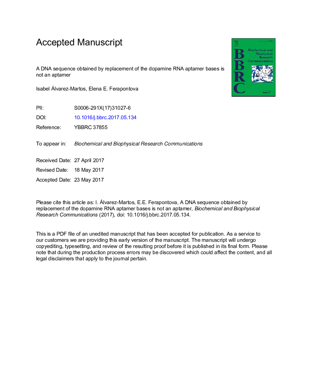 A DNA sequence obtained by replacement of the dopamine RNA aptamer bases is not an aptamer