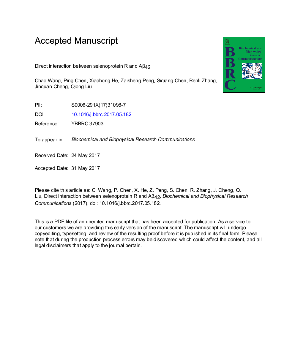 Direct interaction between selenoprotein R and AÎ²42