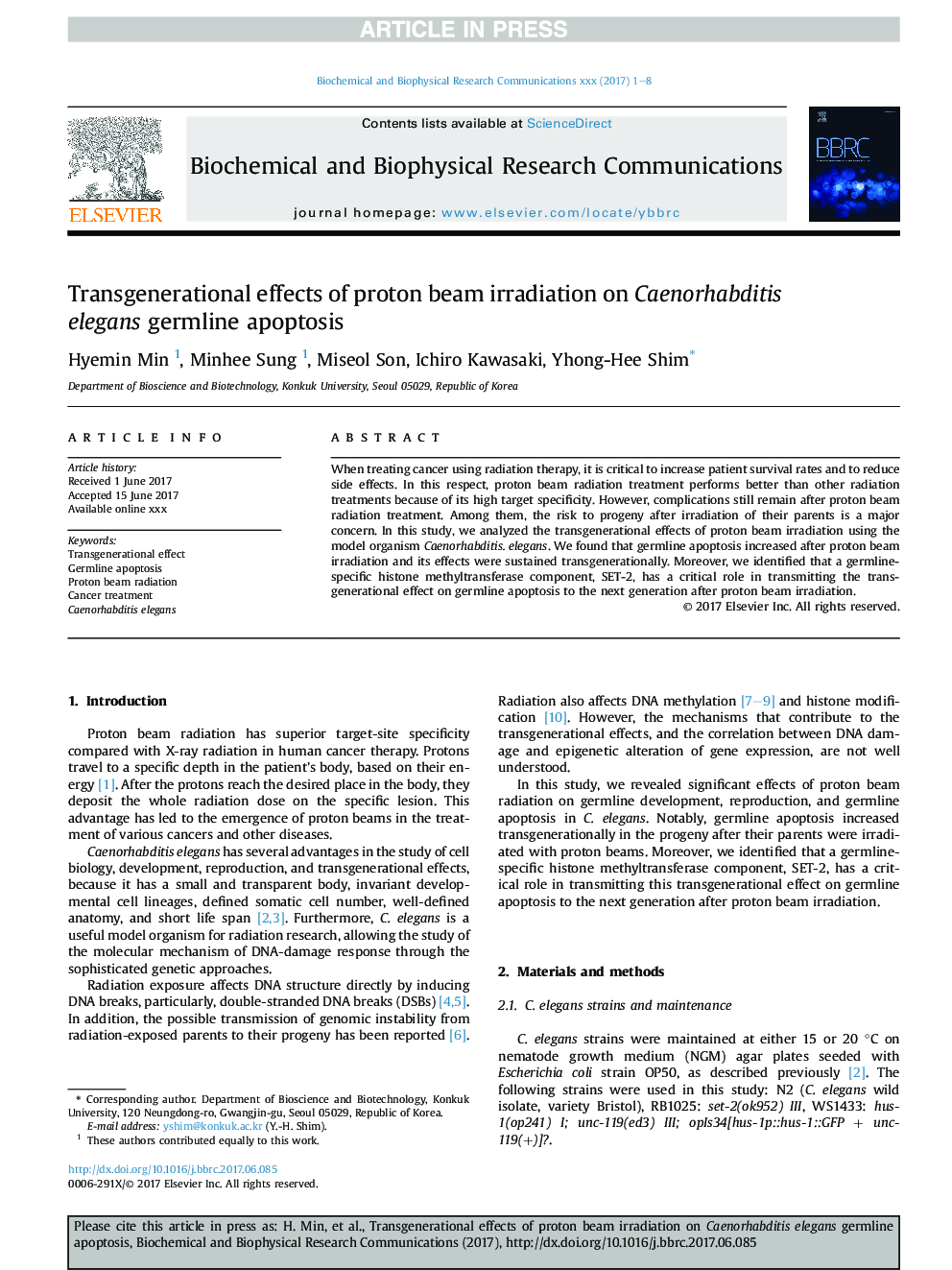 Transgenerational effects of proton beam irradiation on Caenorhabditis elegans germline apoptosis