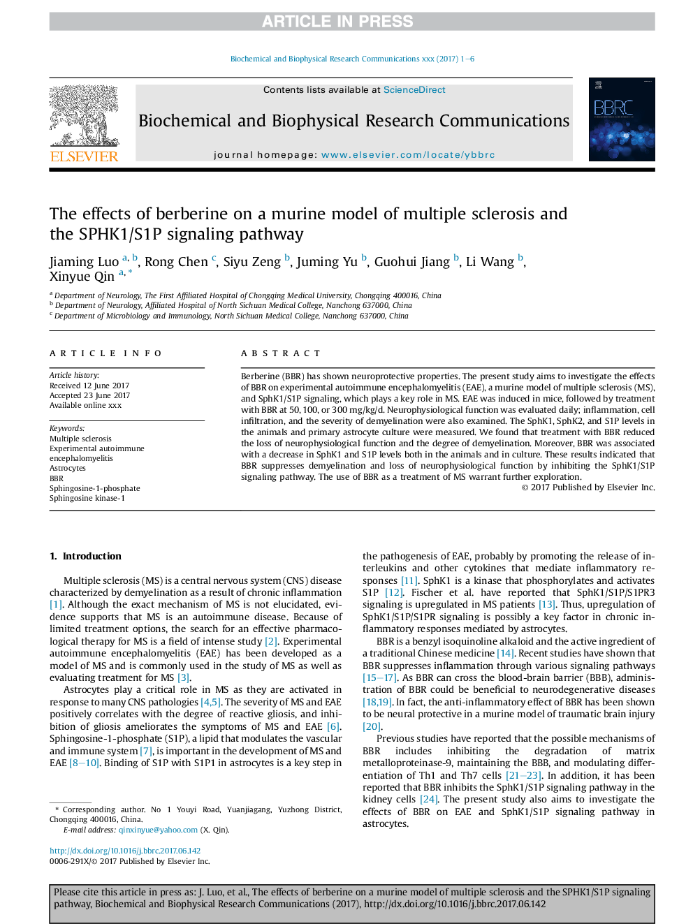 The effects of berberine on a murine model of multiple sclerosis and the SPHK1/S1P signaling pathway