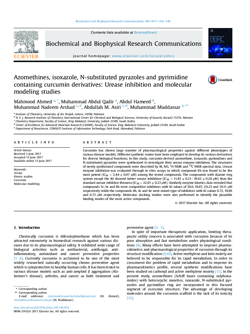 Azomethines, isoxazole, N-substituted pyrazoles and pyrimidine containing curcumin derivatives: Urease inhibition and molecular modeling studies