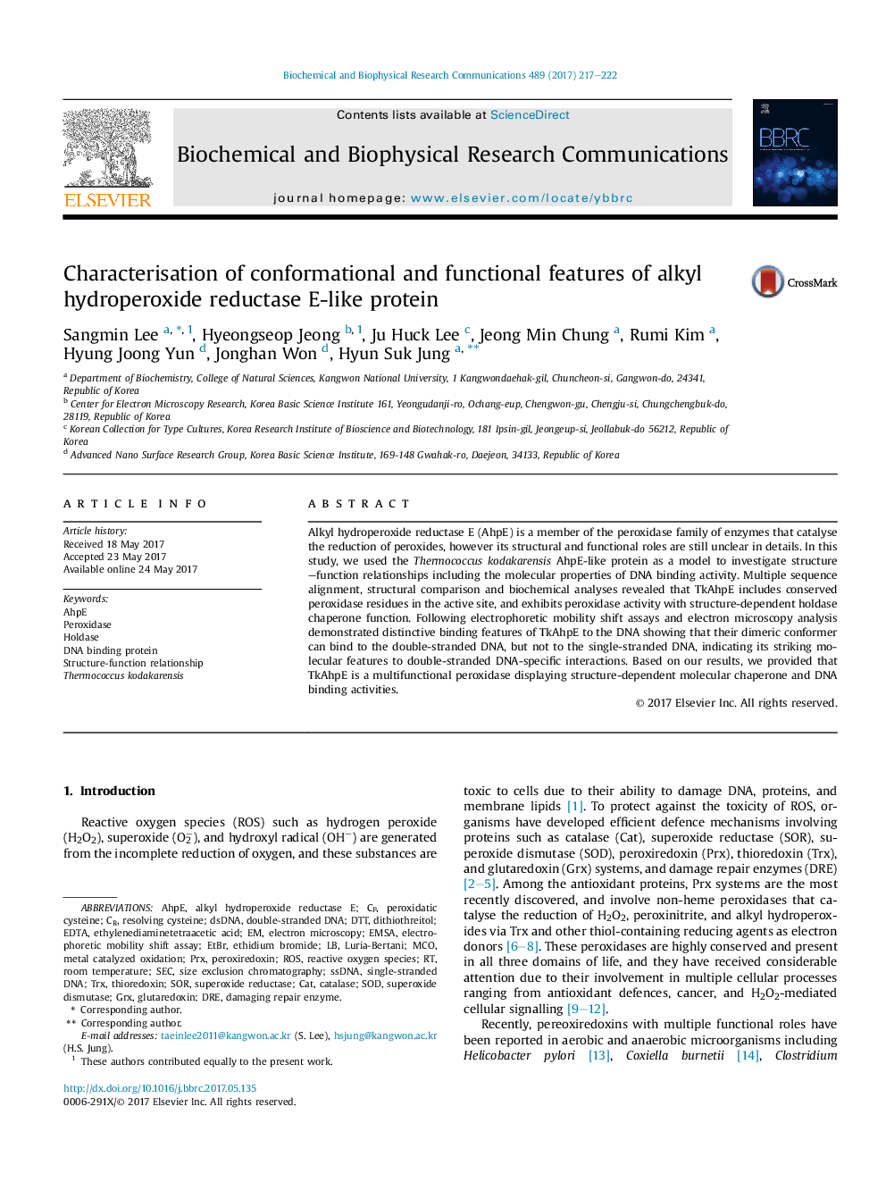 Characterisation of conformational and functional features of alkyl hydroperoxide reductase E-like protein