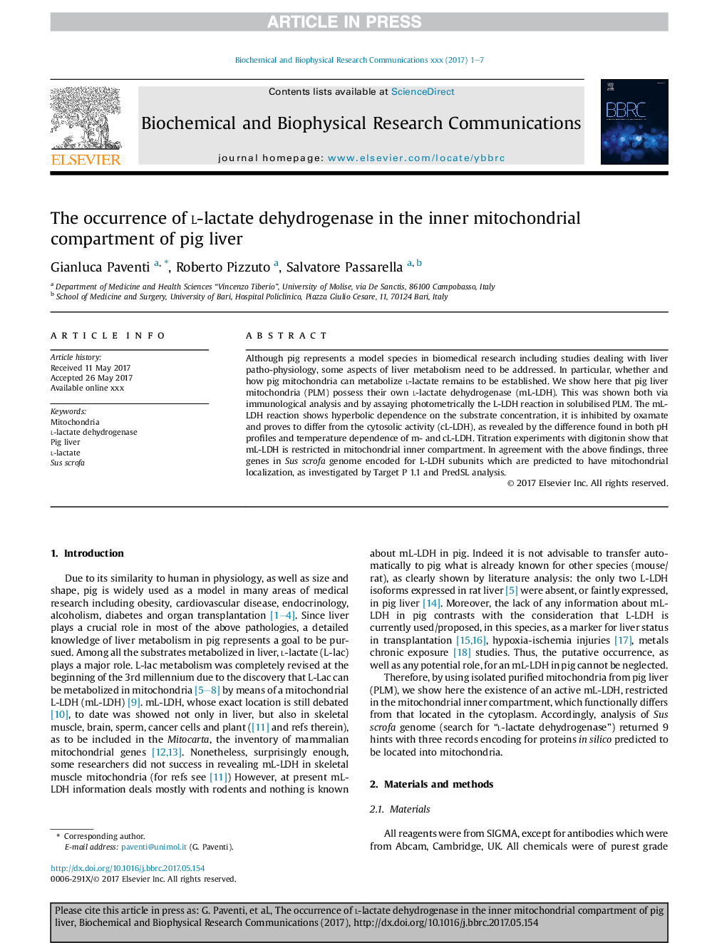 The occurrence of l-lactate dehydrogenase in the inner mitochondrial compartment of pig liver