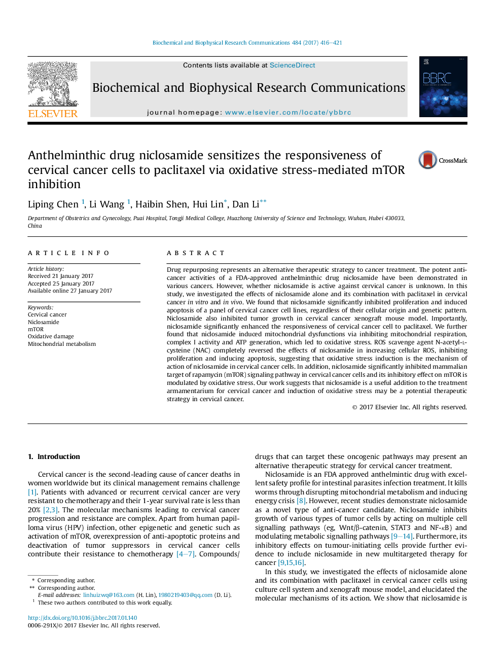 عکس صفحه اول مقاله: Anthelminthic drug niclosamide sensitizes the responsiveness of cervical cancer cells to paclitaxel via oxidative stress-mediated mTOR inhibition Anthelminthic drug niclosamide sensitizes the responsiveness of cervical cancer cells to paclitaxel via oxidative stress-mediated mTOR inhibition