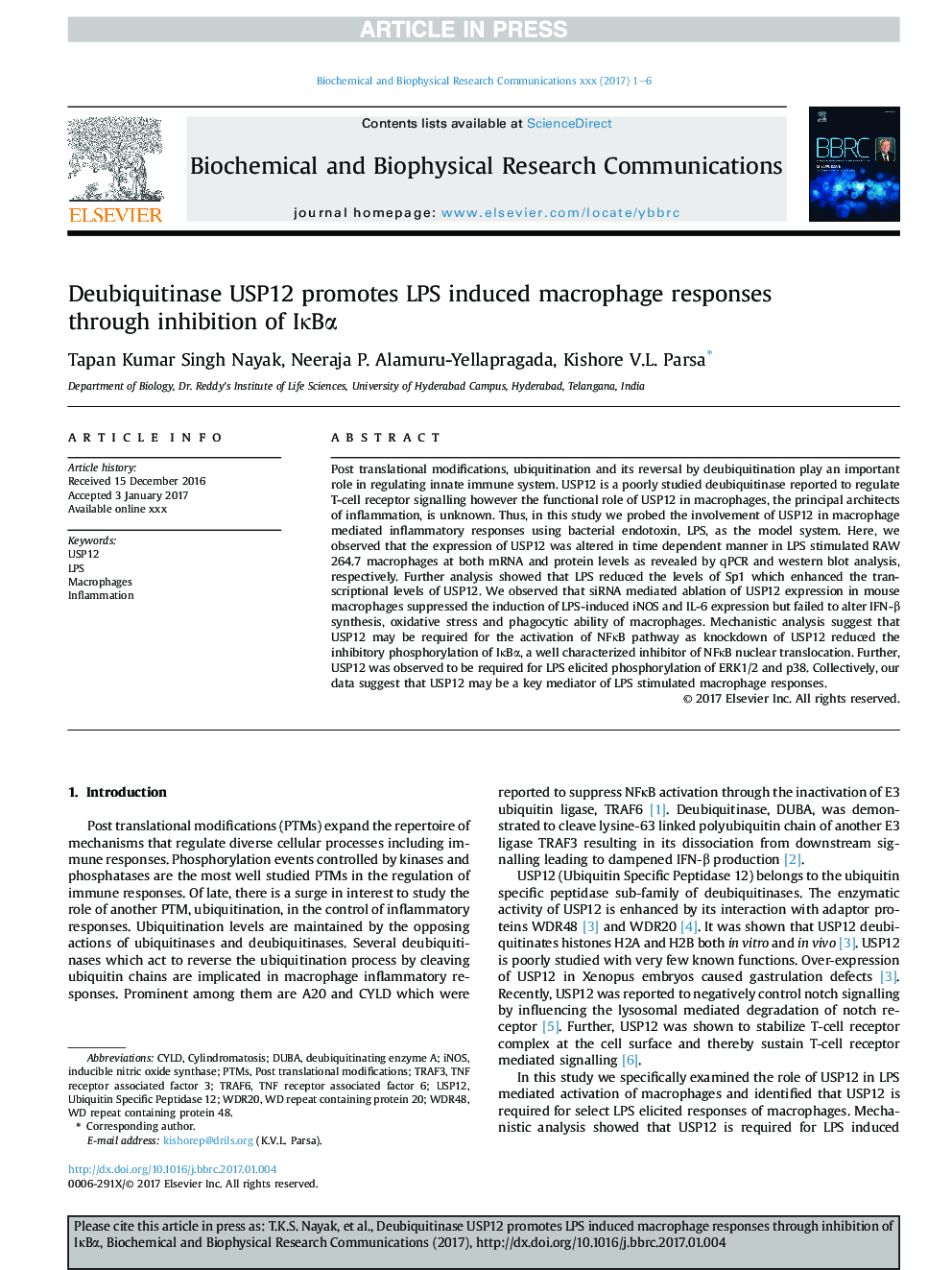 Deubiquitinase USP12 promotes LPS induced macrophage responses through inhibition of IÎºBÎ±