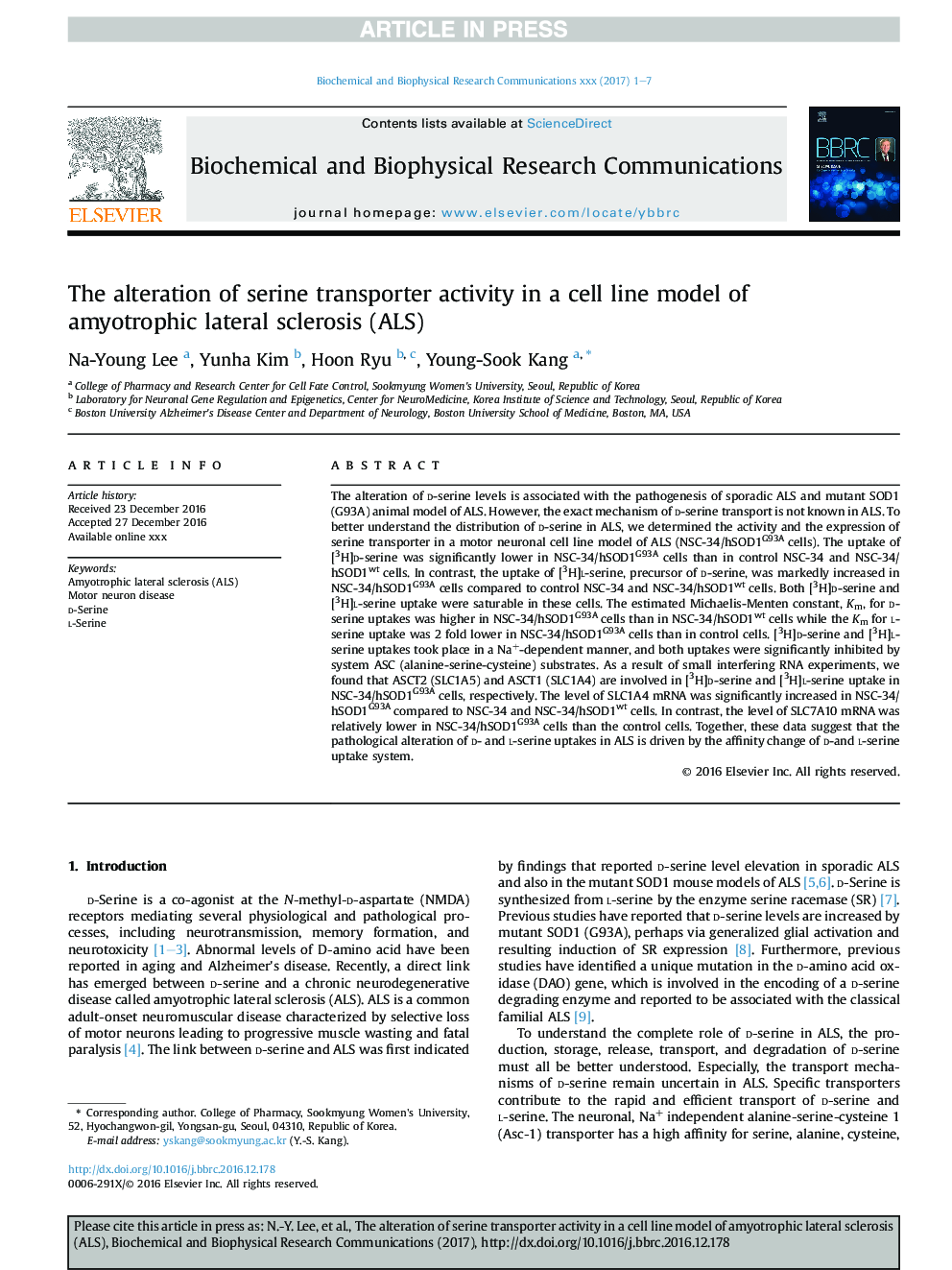 The alteration of serine transporter activity in a cell line model of amyotrophic lateral sclerosis (ALS)