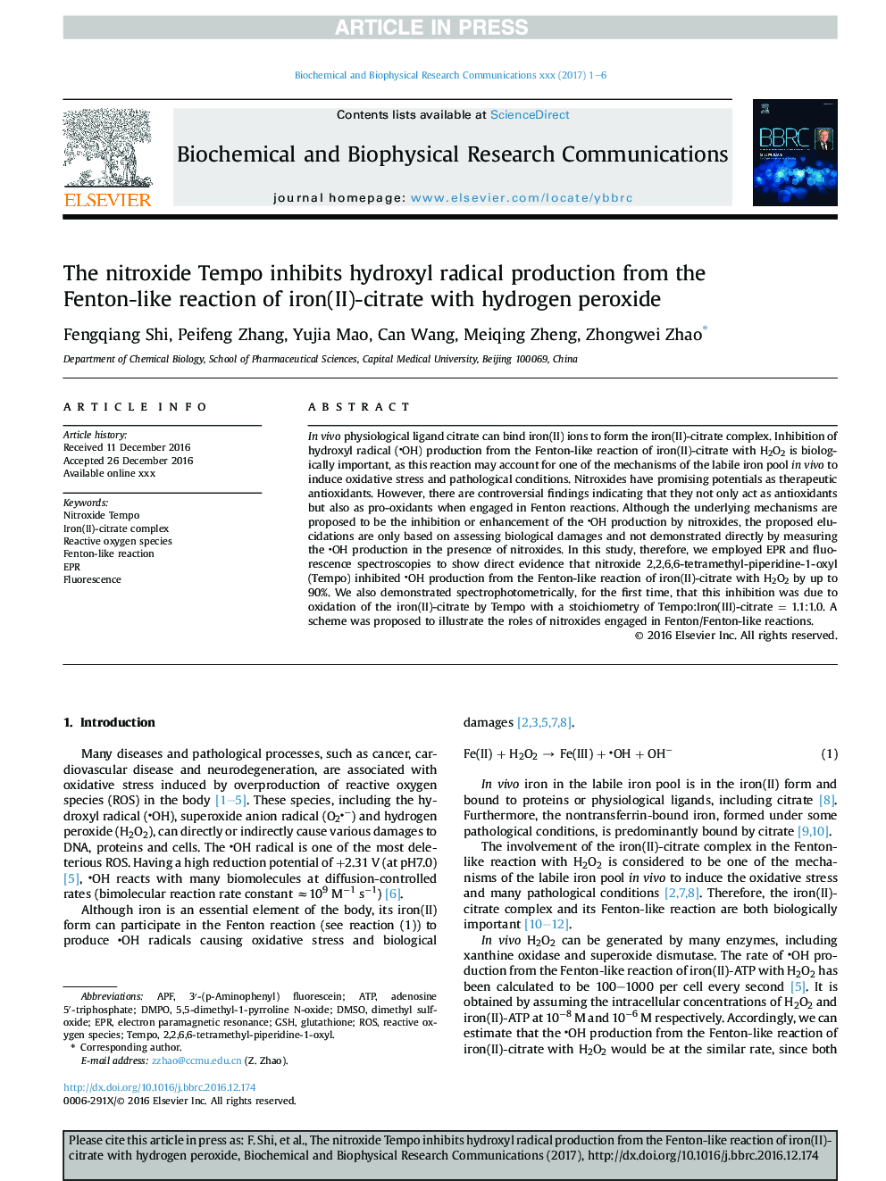 The nitroxide Tempo inhibits hydroxyl radical production from the Fenton-like reaction of iron(II)-citrate with hydrogen peroxide