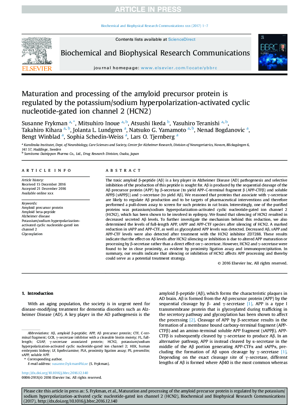 Maturation and processing of the amyloid precursor protein is regulated by the potassium/sodium hyperpolarization-activated cyclic nucleotide-gated ion channel 2 (HCN2)