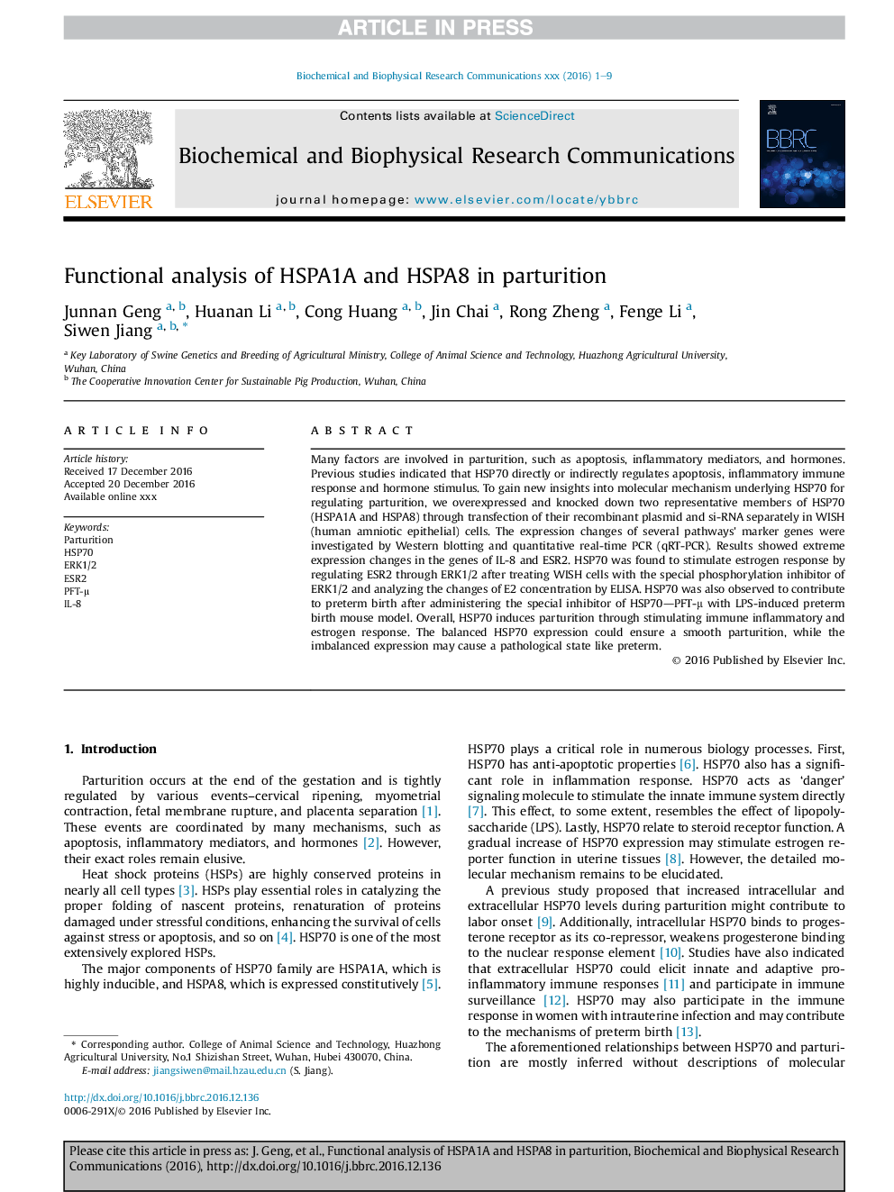 Functional analysis of HSPA1A and HSPA8 in parturition