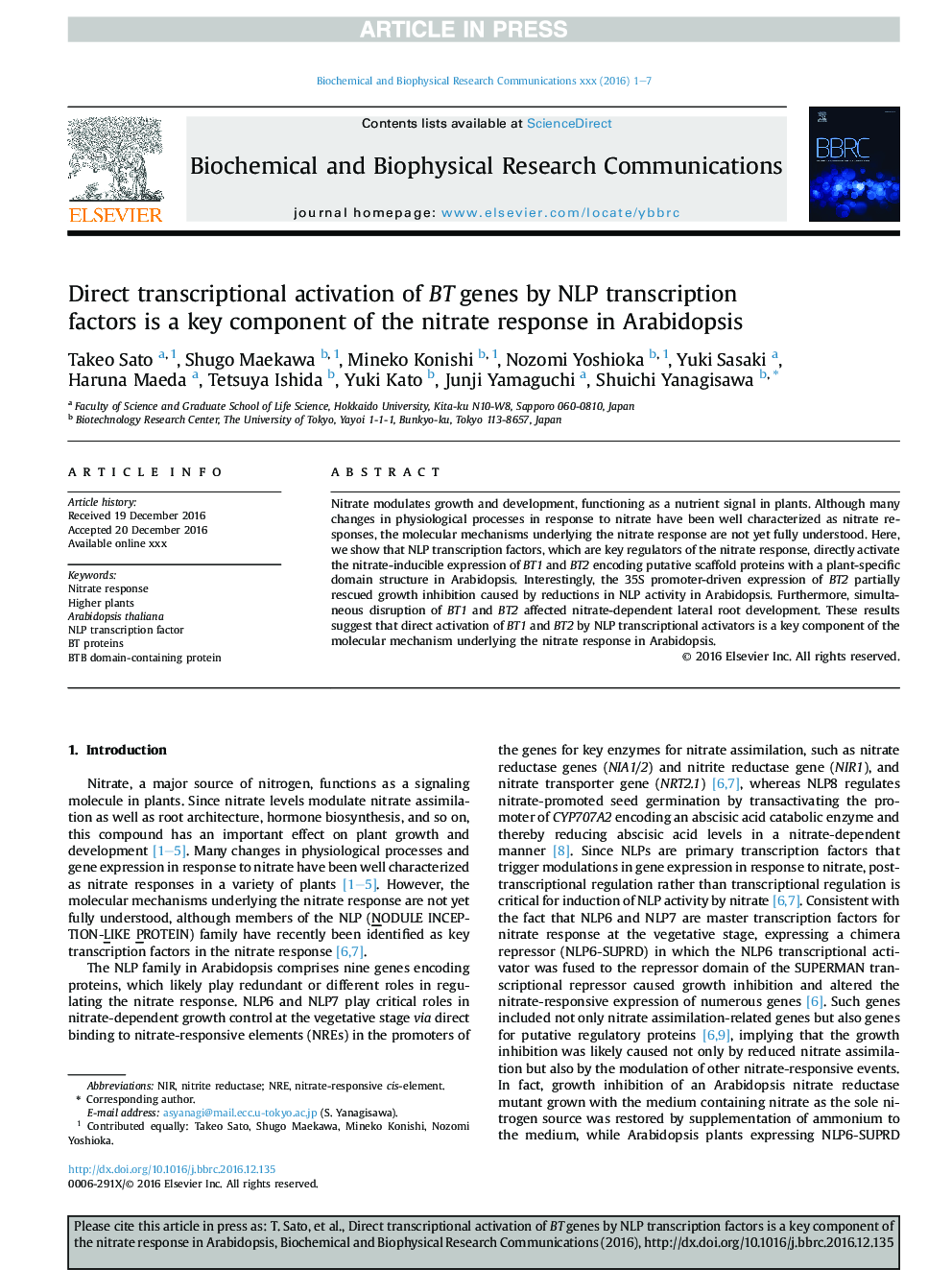 Direct transcriptional activation of BT genes by NLP transcription factors is a key component of the nitrate response in Arabidopsis