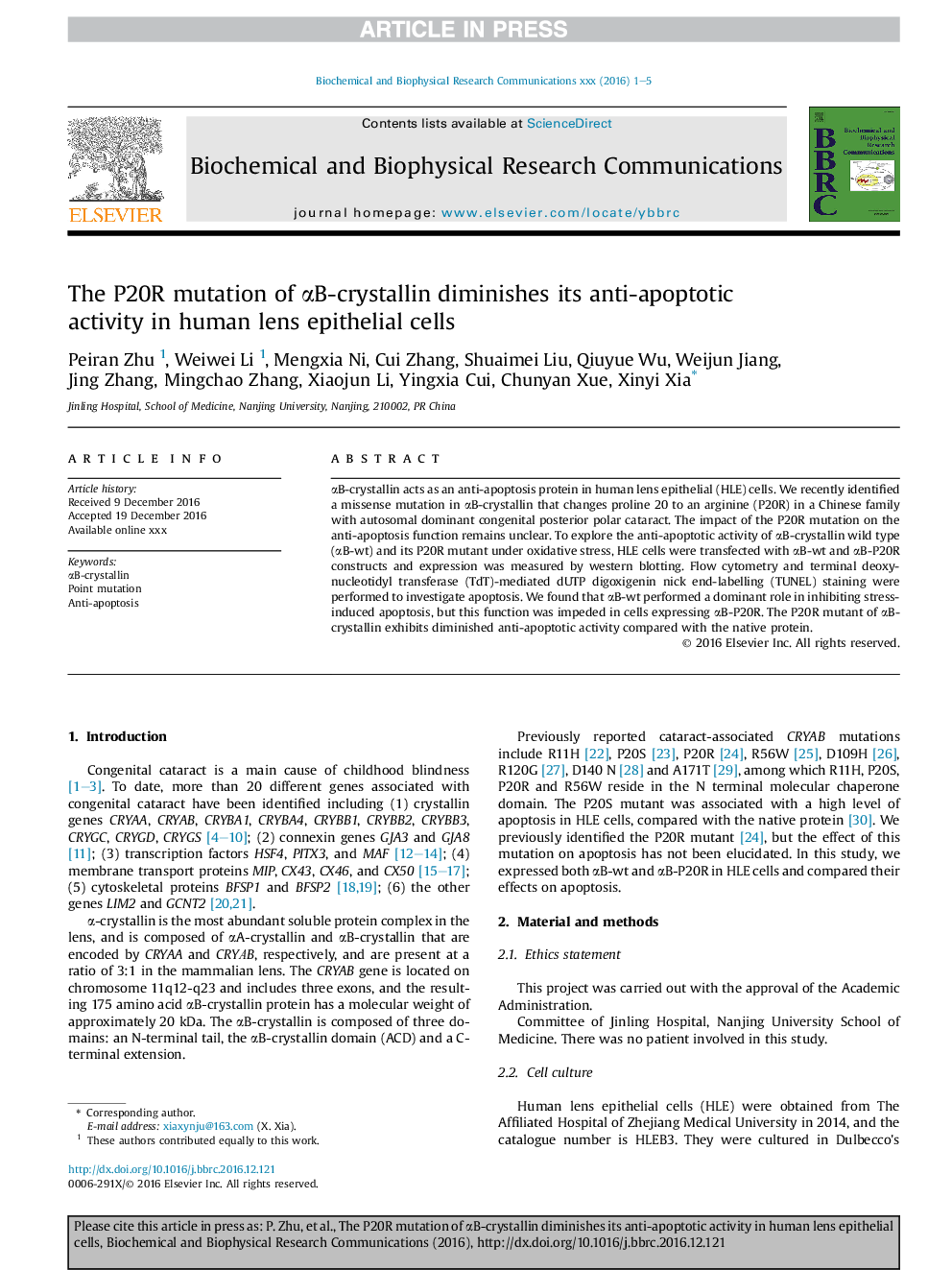 The P20R mutation of Î±B-crystallin diminishes its anti-apoptotic activity in human lens epithelial cells