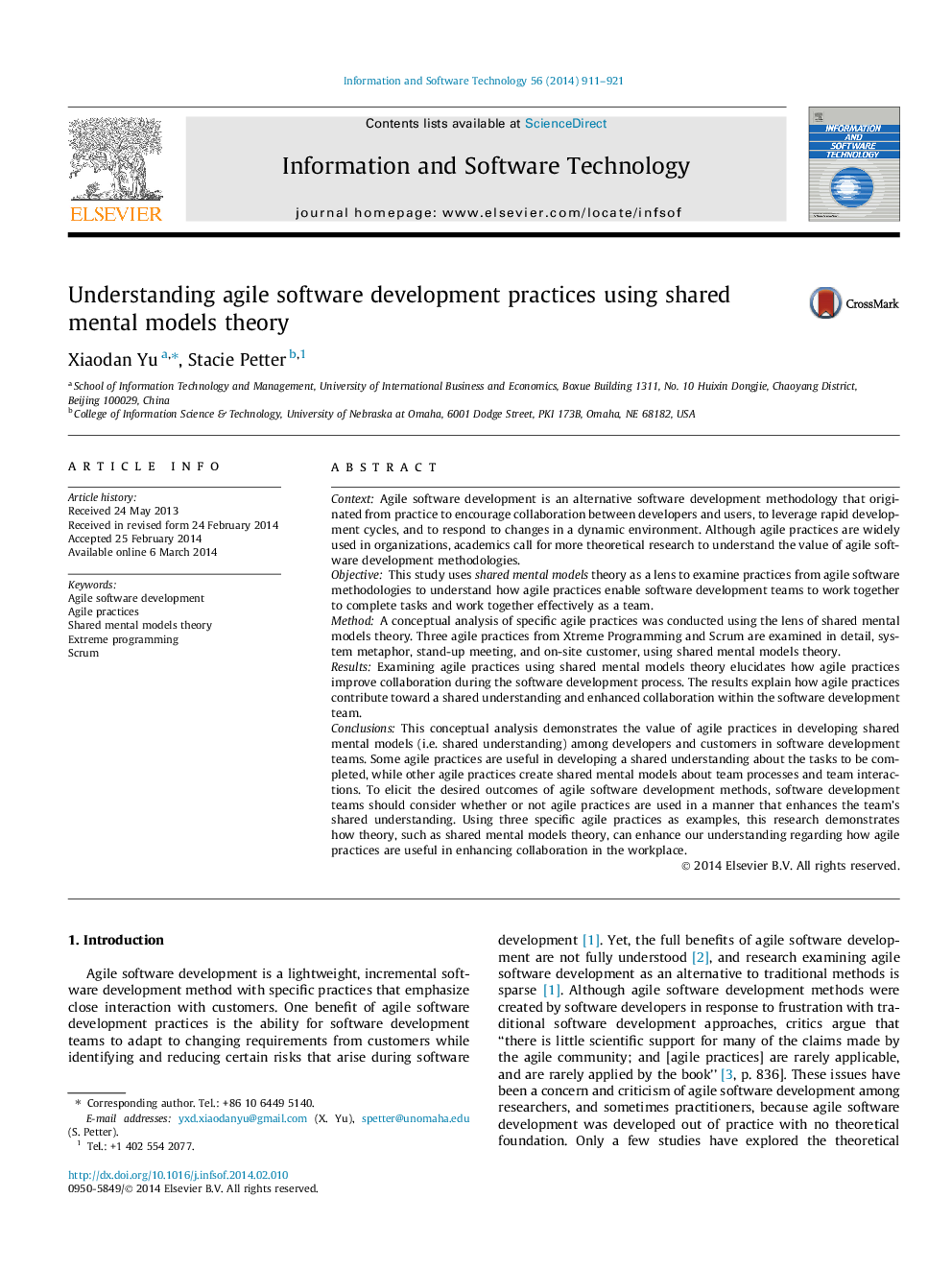 Understanding agile software development practices using shared mental models theory