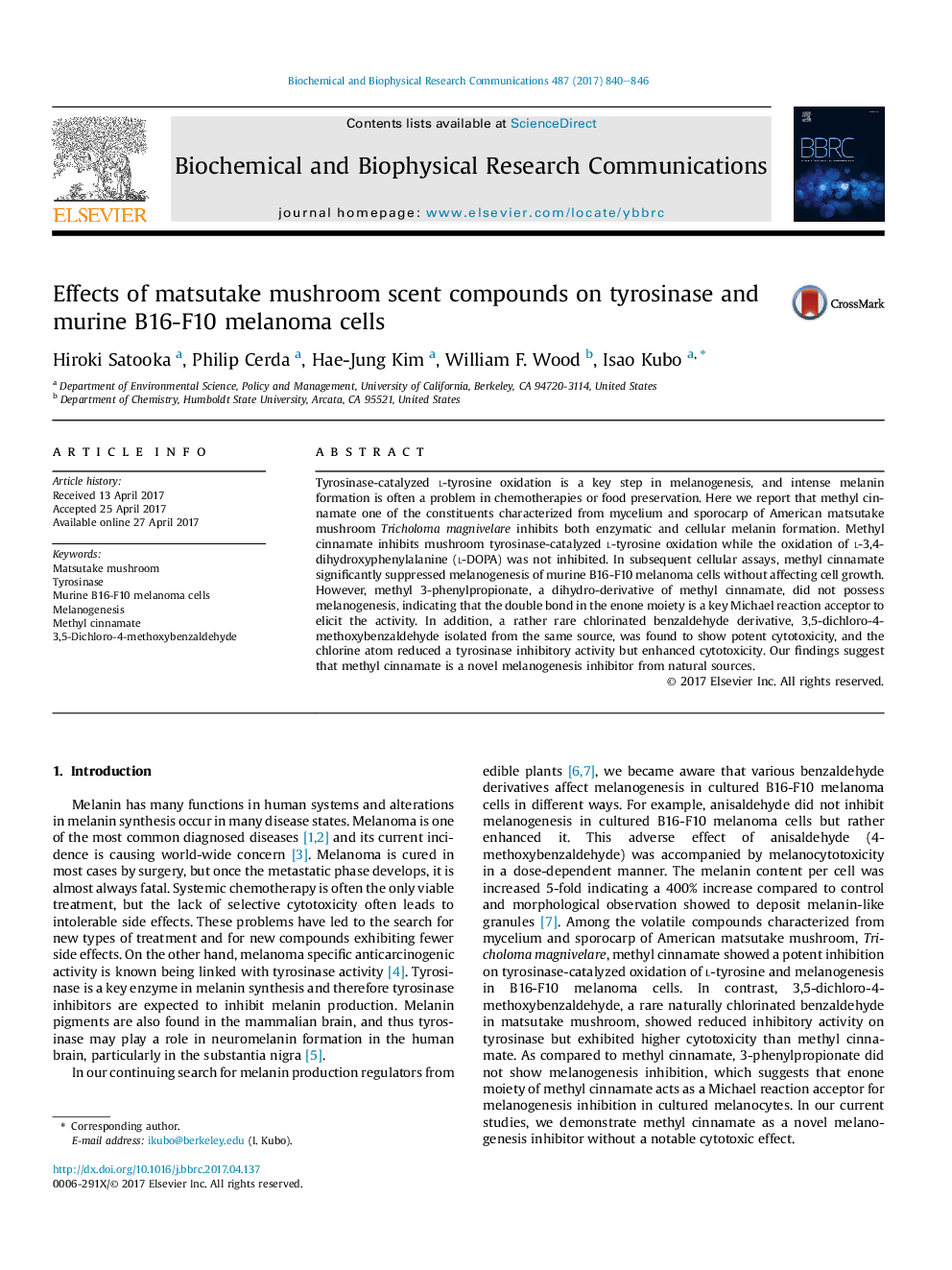 Effects of matsutake mushroom scent compounds on tyrosinase and murine B16-F10 melanoma cells