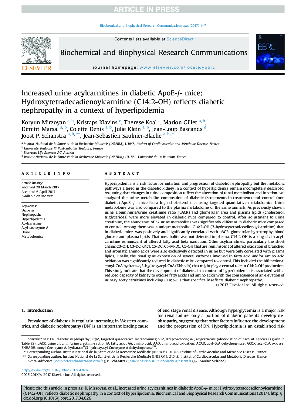 Increased urine acylcarnitines in diabetic ApoE-/- mice: Hydroxytetradecadienoylcarnitine (C14:2-OH) reflects diabetic nephropathy in a context of hyperlipidemia