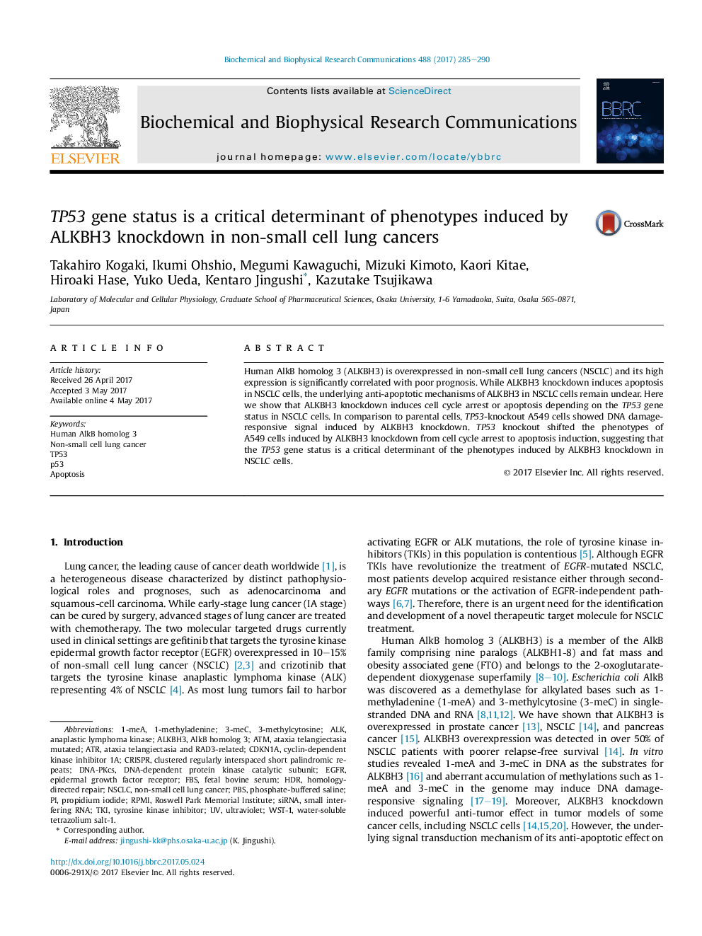 TP53 gene status is a critical determinant of phenotypes induced by ALKBH3 knockdown in non-small cell lung cancers