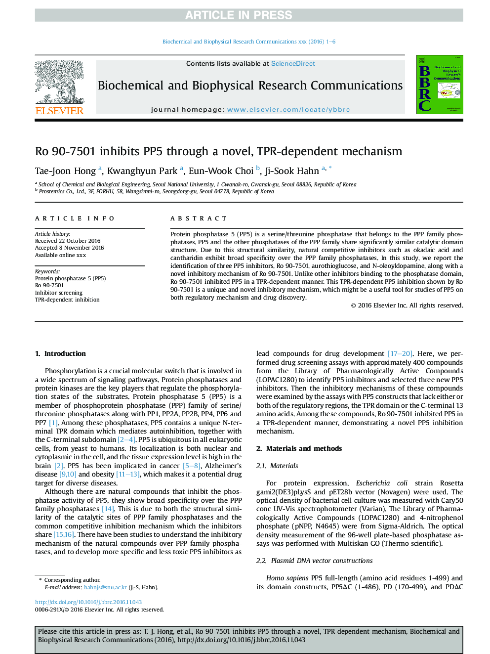 Ro 90-7501 inhibits PP5 through a novel, TPR-dependent mechanism