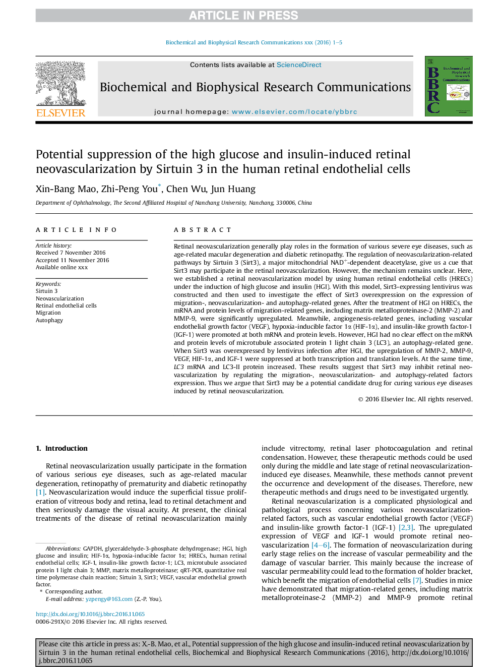 Potential suppression of the high glucose and insulin-induced retinal neovascularization by Sirtuin 3 in the human retinal endothelial cells