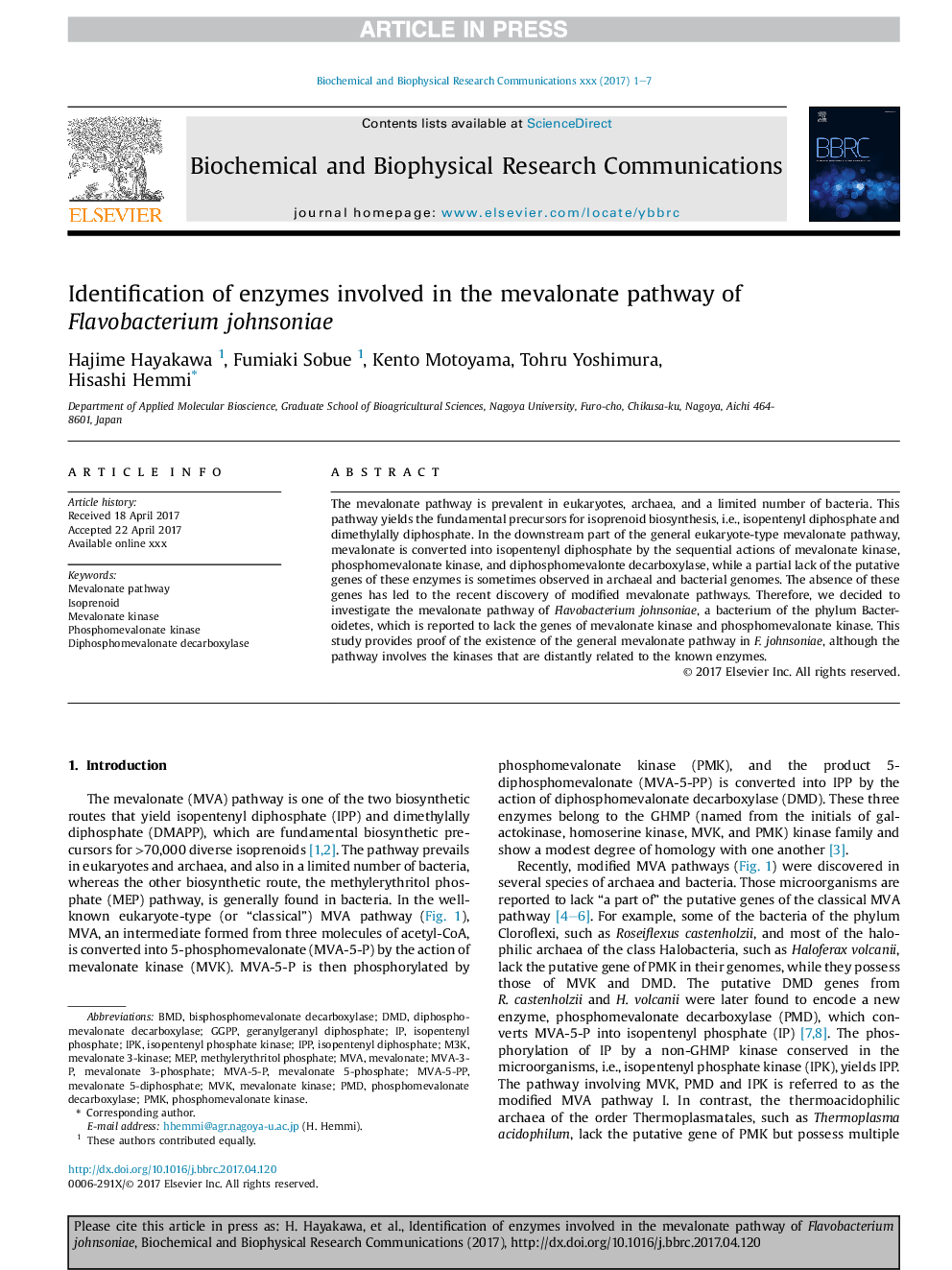 Identification of enzymes involved in the mevalonate pathway of Flavobacterium johnsoniae